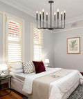 Modern bedroom featuring Eight Light Modern Black Farmhouse Chandelier For Dining Room Living Room Kitchen Foyer And Bedroom With Candle Style Illumination And 360 Degree Lighting For High Ceilings This Dope Fixture.