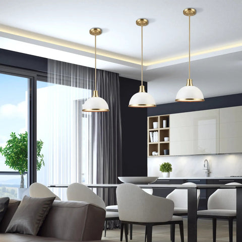 Dope Modern Glam 1 Light Pendant Light With Matte White Finish And Brass Accents in a kitchen setting