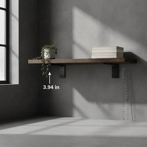 Floating shelf supported by Hidden Triangle Bracket For Floating Shelves Solid Iron With Matte Black Finish Ultra Slim Invisible Wall Mount