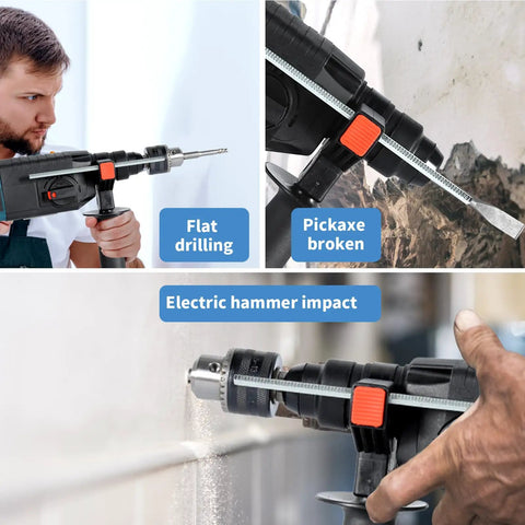 Three In One Electric Hammer Drill Kit with impact drill, rotary hammer, and pickaxe for concrete, wood, and metal projects.