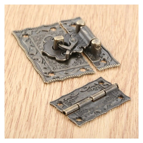 Three Piece Old School Antique Bronze Box Latch Set With Vintage Hasp Clasp And Hinges For Jewelry Boxes Suitcases Wooden Cabinets