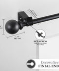 Close-up of Chelsea Ball End Curtain Rod For Windows, No Fuss Adjustable 48 To 86 Inches Extendable Steel Rod In Black Finish