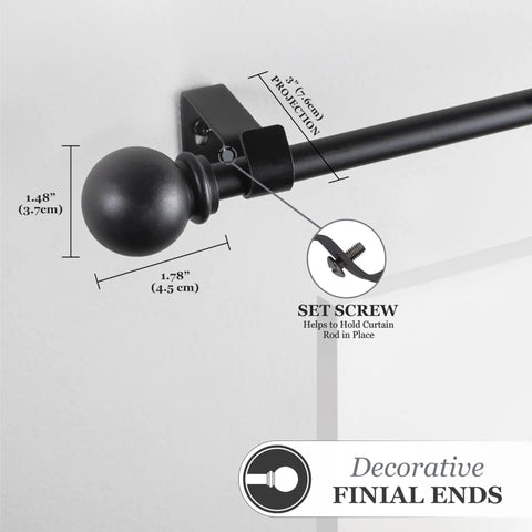 Close-up of Chelsea Ball End Curtain Rod For Windows, No Fuss Adjustable 48 To 86 Inches Extendable Steel Rod In Black Finish