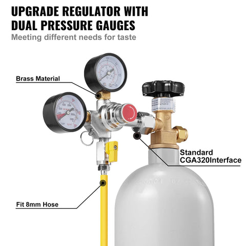 CO2 regulator with dual gauges, brass body, yellow 8mm hose, CGA320 interface on beer gas cylinder