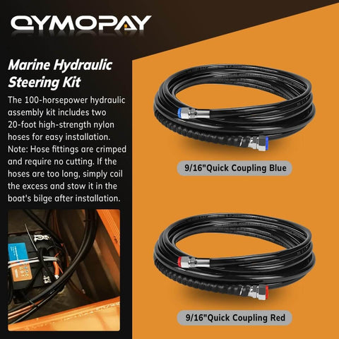 150HP Marine Pro-Grade Hydraulic Outboard Steering Kit with 24 ft nylon hoses and bi-directional locking cylinders shown.