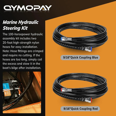 Coiled 20 ft high-strength nylon hose with 9/16" quick couplings for 100HP Hydraulic Outboard Steering Kit For Single Engine Boats Marine Hydraulic System With BiDirectional Locking Cylinders And 20 Ft High Strength Nylon Hose Easy Install Single Station