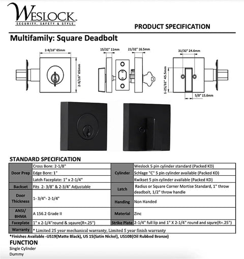 Specifications and features of Square Deadbolt Matte Black Single Cylinder Lock With Easy Installation Keyed On One Side And Inner Turn Lock