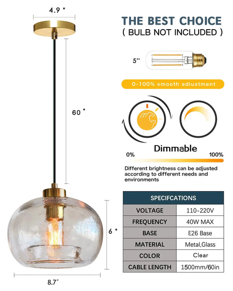 CASAMOTION Glass Pendant Lights, Textured Clear Globe Shade with brass socket, 8.7 inch diameter, 60 inch height for indoor use.