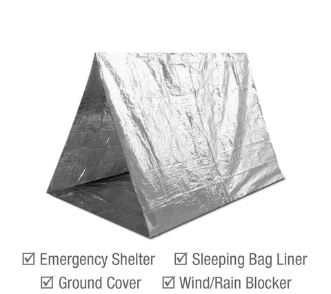 Silver Mylar emergency blanket in tent shape from Emergency Mylar Blanket Pack 25 Silver Space Blankets Grab And Go Compact Dual Sided Reflective Heat Retention For Camping Survival First Aid Car Kit NASA Tested.