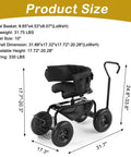 Rolling Garden Stool With Seat And Extendable Handle Tool Cart With Wheels And Extra Storage Knee Friendly Seat For Planting And Weeding Durable Steel Frame In Black featuring cushioned seat and large tires.