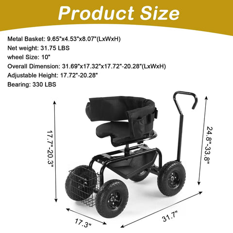 Rolling Garden Stool With Seat And Extendable Handle Tool Cart With Wheels And Extra Storage Knee Friendly Seat For Planting And Weeding Durable Steel Frame In Black featuring cushioned seat and large tires.