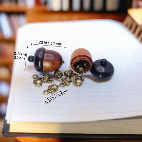 Hella Slick Screw Open Miniature Black Ebony Acorn Curios Set Of Two With Hidden Antique Bronze Pinecones on a book.