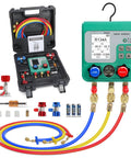 HVAC Digital Manifold Gauges Kit With Dual Pressure And Vacuum Tests, 92 Refrigerant Readouts, Hoses, R22 R134a R410a Compatibility, 1/4 Inch SAE Interface, Portable Hook, Leak Test And Refrigerant Fill, with case and hoses
