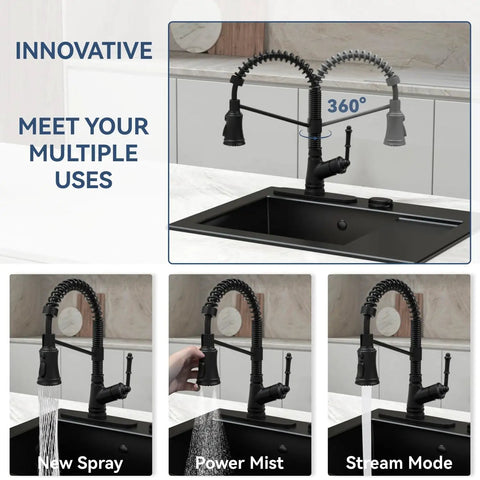 Matte Black Kitchen Faucet With Pull Down Sprayer One Handle Pull Out Design Single Level Sink Tap Easy Install Modern Durable Finish