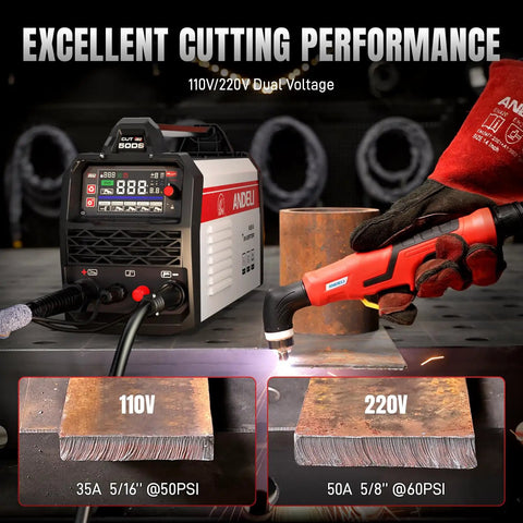 Non-Touch Pilot Arc Plasma Cutter 50A for DIYers, 110/220V, 4.05 Inch LED Display, cutting metal pipe with dual voltage settings
