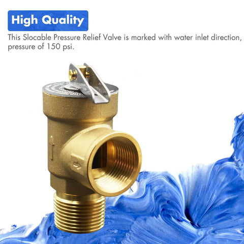 Brass VAV pressure relief valve with 3/4-inch NPT female thread, 150 psi, water heater compatible, CSA listed.