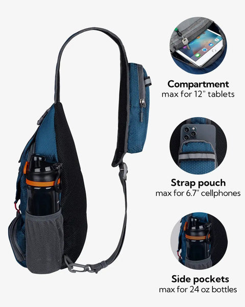 Packable Small Crossbody Sling Backpack For Travel And Hiking Ultralight Water Resistant Daypack with compartments and side pocket.