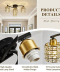 Four Light Crystal Flush Mount Ceiling Light in Black and Gold, modern farmhouse style with crystal shades, for living room display.
