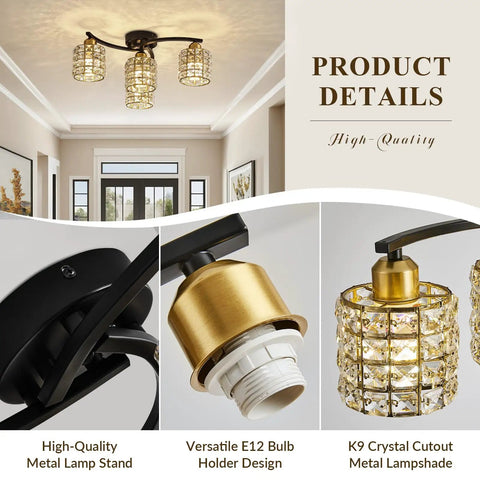 Four Light Crystal Flush Mount Ceiling Light in Black and Gold, modern farmhouse style with crystal shades, for living room display.