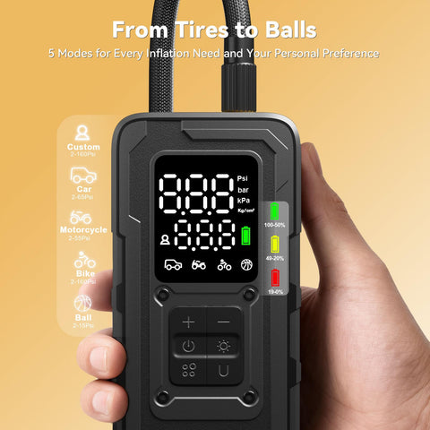 Cordless Tire Inflator with Gauge Up To 160 PSI Portable Car Air Pump held showing digital display.
