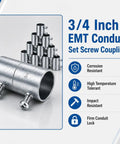 10 Pack 3/4 Inch Emt Couplings Set Screw Connectors Rock Solid Galvanized Steel Electrical Conduit Fittings For Residential Wiring And Commercial Job Sites Built Tough To Last displayed with a set screw and multiple couplings.