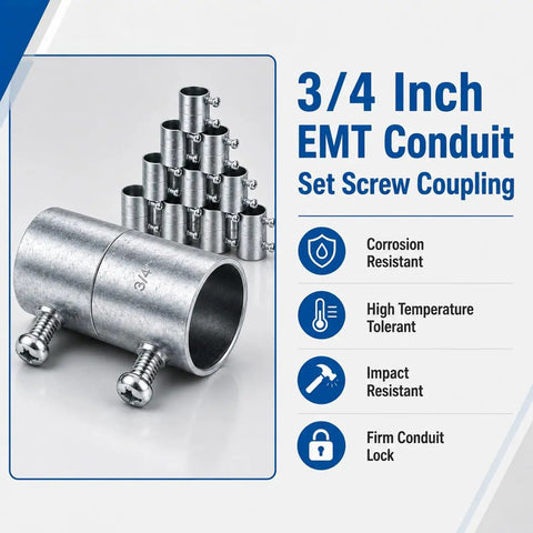 10 Pack 3/4 Inch Emt Couplings Set Screw Connectors Rock Solid Galvanized Steel Electrical Conduit Fittings For Residential Wiring And Commercial Job Sites Built Tough To Last displayed with a set screw and multiple couplings.