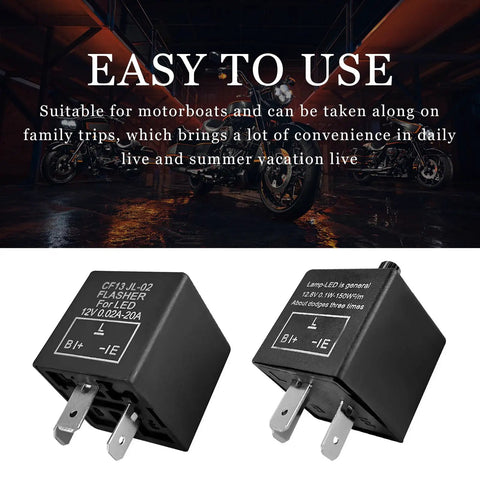 Universal 3 Pin CF13 Flasher Relay for turn signals and 12V LED blinkers, easy plug and play replacement, fixes hyper flash issues
