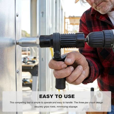 Person using Rivet Gun Adapter Kit For Cordless Drill With 2.4mm 3.2mm 4.0mm 4.8mm Rivet Heads for DIY project on metal surface.