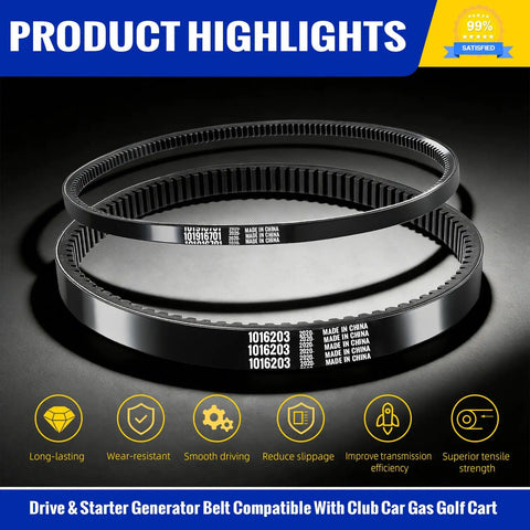 Club Car DS Precedent Drive Belt And Starter Generator Belt Kit For Golf Cart 1997 Up And Precedent 2004 Up For FE290 FE350 Motors Replaces 101916701 1016203 shown with product highlights