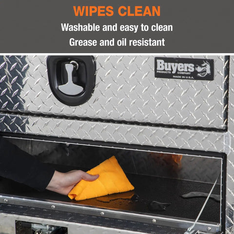Universal Heavy-Duty Tool Box And Shelf Liner Non-Slip PVC Mat For Truck Tool Boxes being wiped clean inside tool box