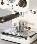 Espresso machine with 2 Piece Espresso Cup Set With Handle For Barista Level Pouring, 3.4 Oz Stainless Steel Cups on tray