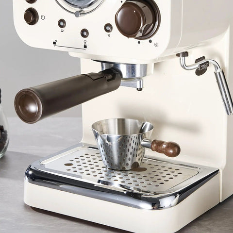 Espresso machine with 2 Piece Espresso Cup Set With Handle For Barista Level Pouring, 3.4 Oz Stainless Steel Cups on tray