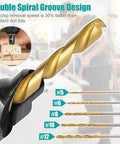 Front view of OAOJUBR 5pc wood countersink drill bit set with gold-coated bits, sizes #5,#6,#8,#10,#12 and depth stop