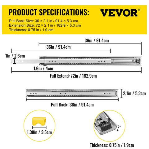 Product specifications for Heavy Duty 30 Inch Drawer Slides With Locking Mechanism, side mount ball bearing, 3 fold full extension.