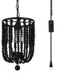 Boho Black Wood Bead Pendant Light With Cord And Chain, Non Dimmable Hanging Lamp For Kitchen Island, Dining Room, Foyer, Bedroom