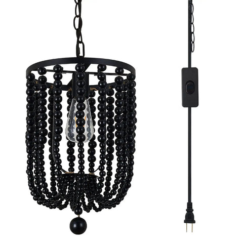 Boho Black Wood Bead Pendant Light With Cord And Chain, Non Dimmable Hanging Lamp For Kitchen Island, Dining Room, Foyer, Bedroom