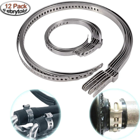 12 Piece CV Boot Clamp Kit With 6 Small And 6 Large Stainless Steel Universal Adjustable Drive Shaft Clamps For CV Axle Replacement - Heavy Duty Non Magnetic Easy Fit Car DIY Essential shown in a set with close-up of installed clamps.