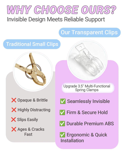 Comparison of traditional small clips and 10 Pack 3.5 Inch Clear Plastic Balloon Arch Clips Spring Clamps For Photography Studio Backdrops.