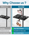 Comparison showing Metal Microphone Stand Tray with Clamp On Shelf and Phone Holder demonstrating more space and versatility.