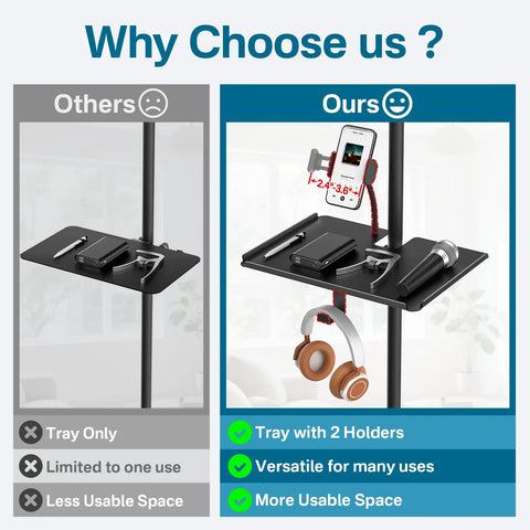 Comparison showing Metal Microphone Stand Tray with Clamp On Shelf and Phone Holder demonstrating more space and versatility.