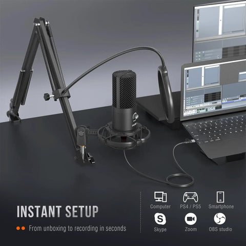 Plug And Play USB Condenser Microphone Kit With Adjustable Boom Arm Stand And Shock Mount on desk for recording setup