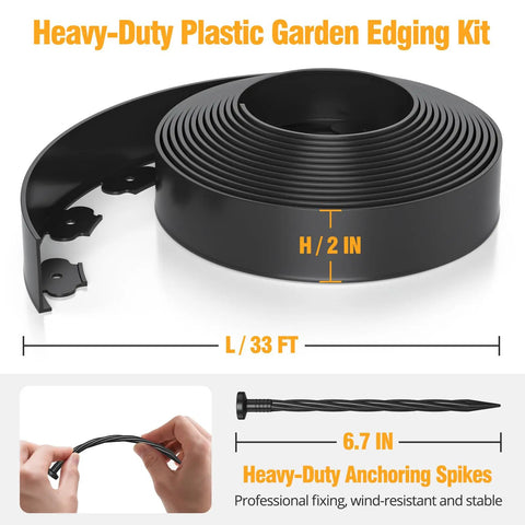 Heavy Duty 33 Foot Landscape Edging No Dig Plastic Garden Border Two Inch Tall with Anchoring Spikes