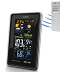 Vertical Wireless Color Weather Station All In One With Pressure And Atomic Timekeeping Indoor And Outdoor Temperature And Humidity 24 Hour Barometric History Color Forecast Icons Corded Power Sleek Black, displaying data on a sleek black screen.