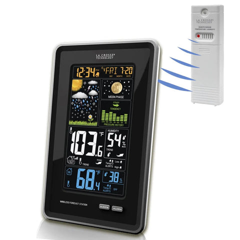 Vertical Wireless Color Weather Station All In One With Pressure And Atomic Timekeeping Indoor And Outdoor Temperature And Humidity 24 Hour Barometric History Color Forecast Icons Corded Power Sleek Black, displaying data on a sleek black screen.