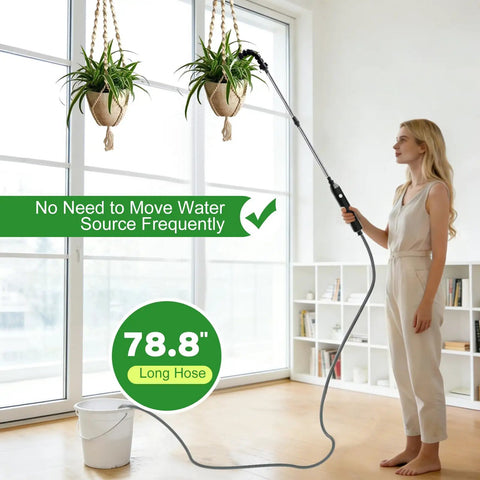 Person using High Reach Plant Waterer With Type C Wireless Wand, Battery Powered Sprayer to water hanging plants.