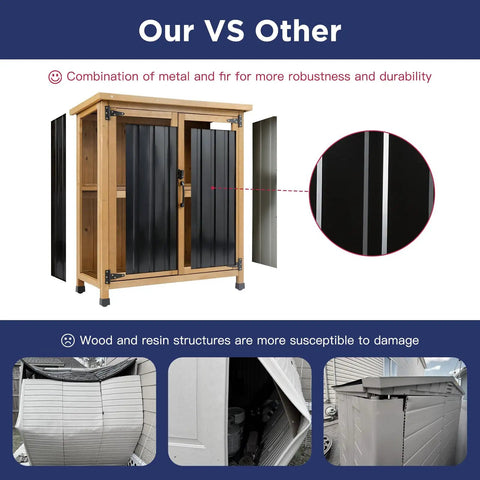 Outdoor Wood And Metal Storage Cabinet With Waterproof Roof For Garden Tools Magnetic Door Four T Hinges Four Adjustable Feet