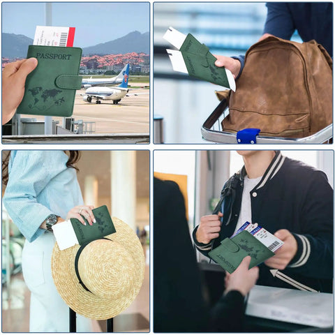 Green Passport Holder With Rfid Blocking And Multiple Card Slots For Smooth Airport Flow and Leisure Travel Adventures in use at airport.