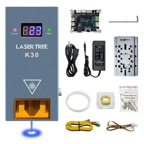Beefed Up 30W Laser Module For DIY Laser Engraver Cutter With Air Assist, visible in box with accessories, power adapter, and cables