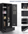 Beefy Steel Garage Storage Cabinet With Adjustable Shelves And A Drawer For Tools And Vacuum Storage Built For Tough Jobs In Home Garage Gym Basement Or Warehouse Black Powder Coat Finish And Tip Resistant Base For Stability, open with visible shelving and door storage.