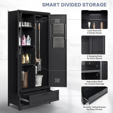 Beefy Steel Garage Storage Cabinet With Adjustable Shelves And A Drawer For Tools And Vacuum Storage Built For Tough Jobs In Home Garage Gym Basement Or Warehouse Black Powder Coat Finish And Tip Resistant Base For Stability, open with visible shelving and door storage.